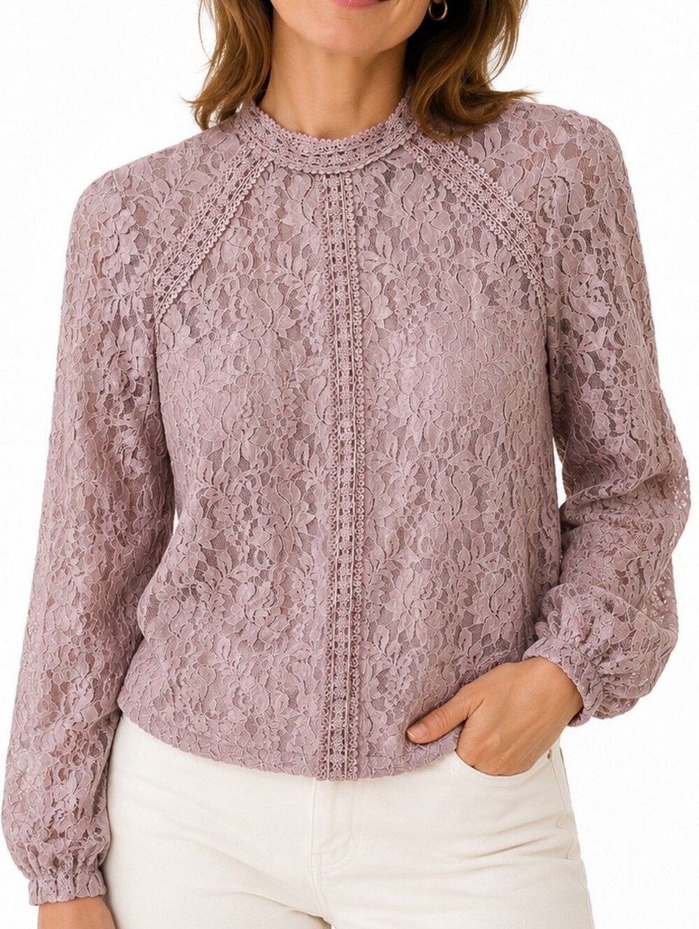 Cable & Gauge Women's Blouse XL Mauve Lace Long Sleeve Mock Neck Romantic Boho